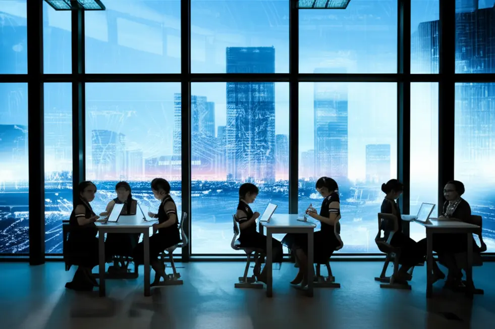 学生在现代课堂里通过科技进行个性化学习。