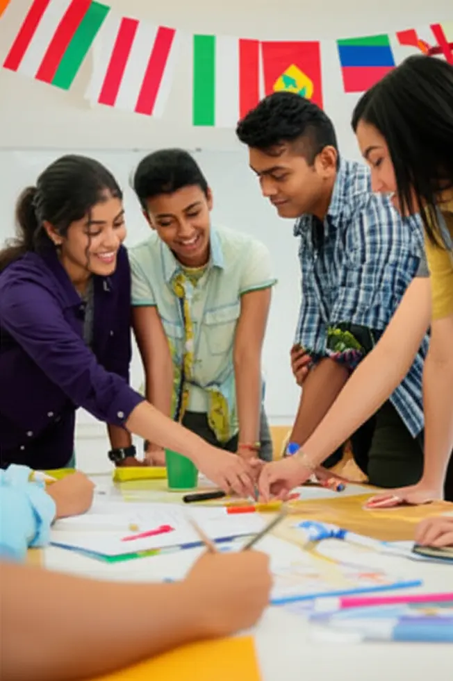Students from diverse backgrounds working together, reflecting the international mix.