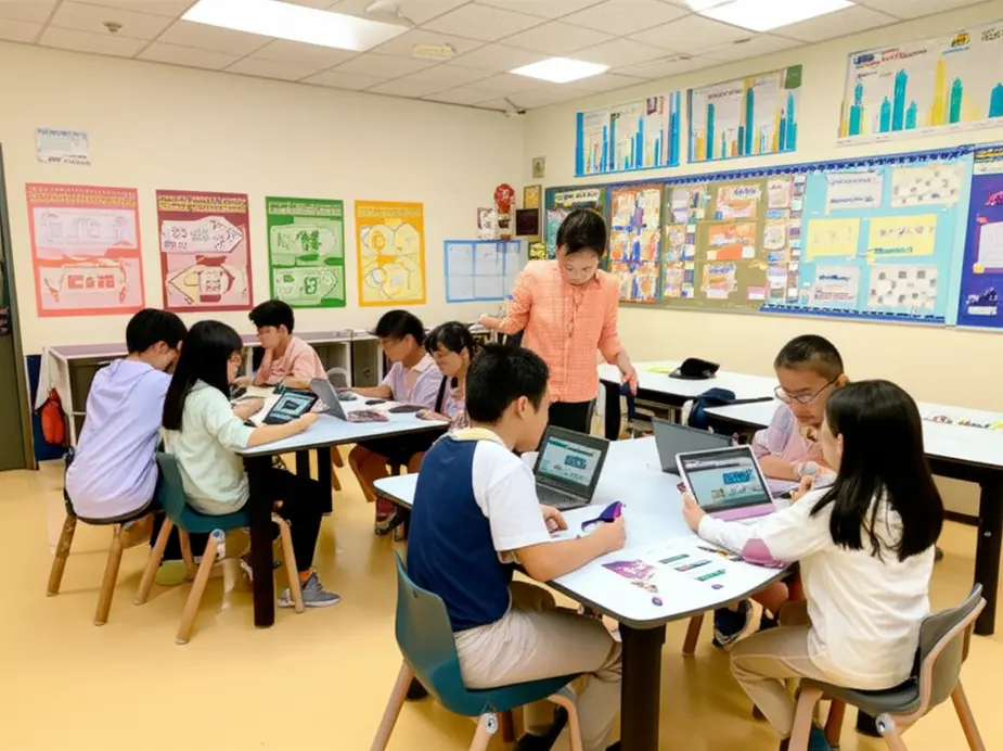 A vibrant classroom where students engage with personalized learning through technology.