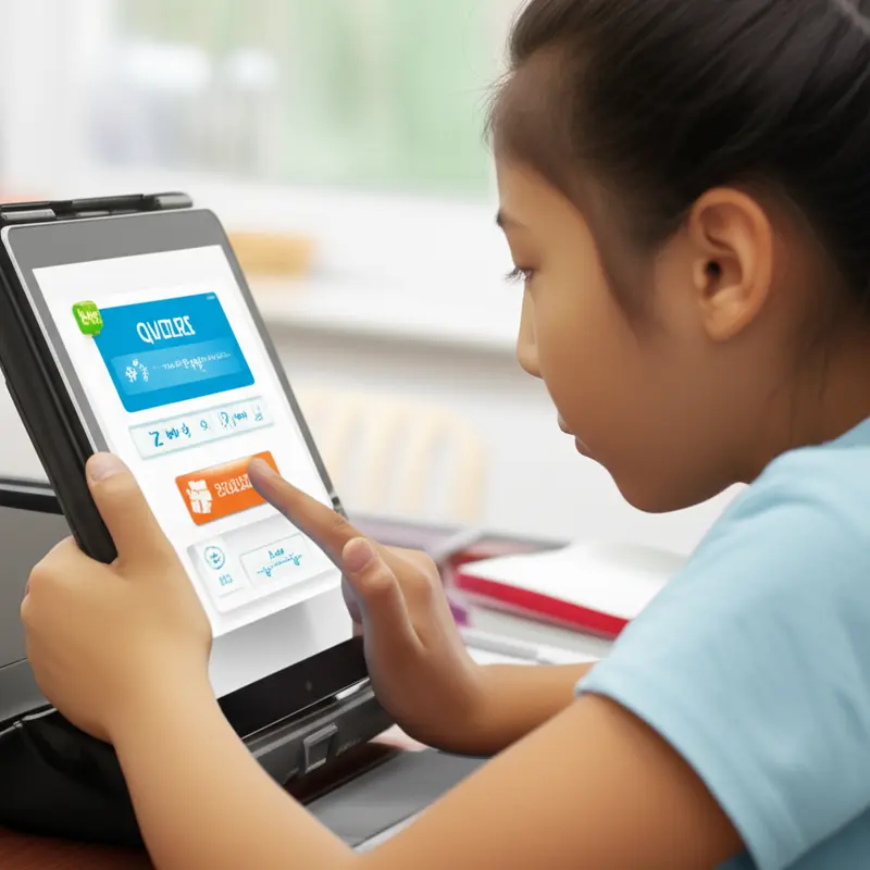 A student actively engaged with digital learning tools in a classroom.